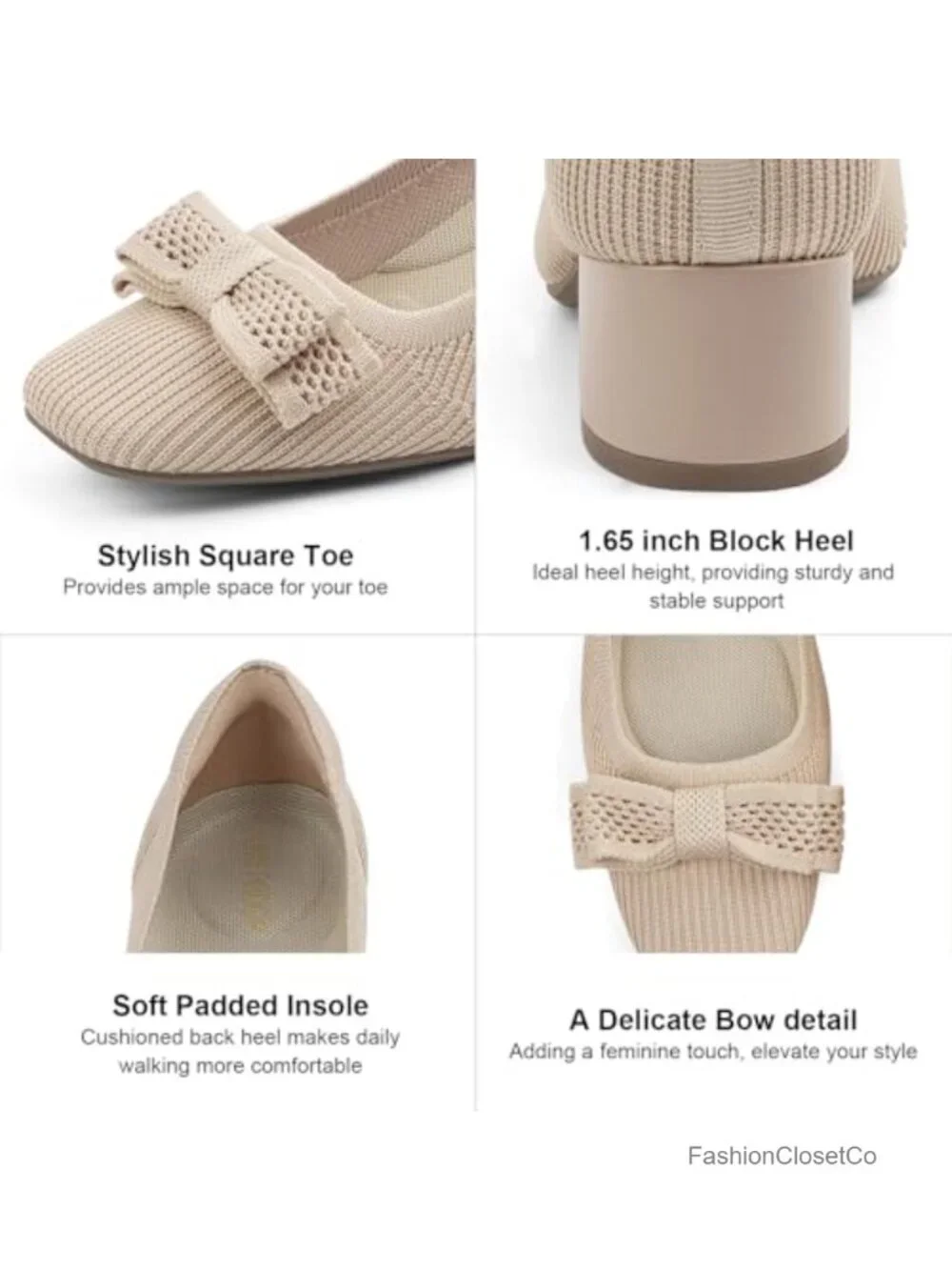 Women's Chunky Block Heel Pumps Square Toe Bow Slip-On Knit Comfort Dress Shoes